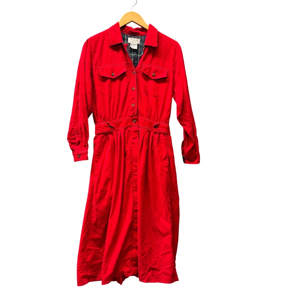 Vintage Talbots Dress Womens 12P Petite 12 Corduroy Red Button Up Midi Heritage